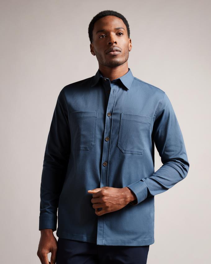 Chemises Ted Baker Long Sleeve Twill Overshirt Bleu Homme | TQY-01280292